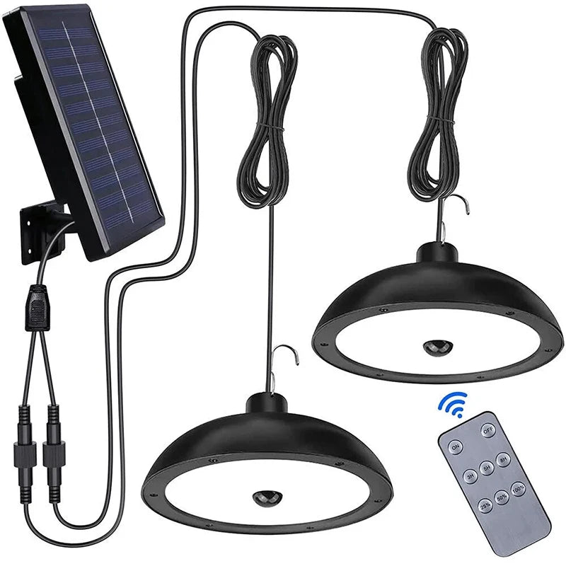 Lámpara solar para exteriores, lámpara LED impermeable, decoraciones de luz colgante de doble cabeza con control remoto para cobertizo interior, granero Roo