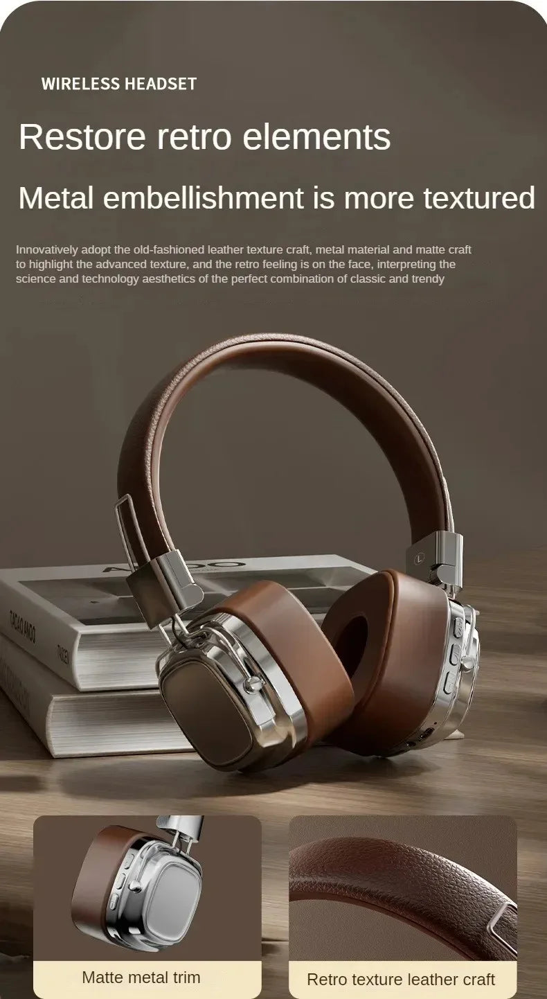 Auriculares Retro de Cuero Bluetooth 5.3 Plegables
