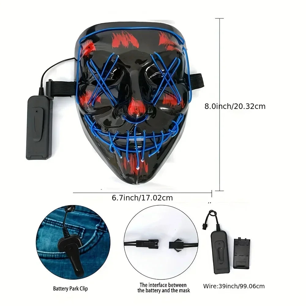 Máscara LED de neón iluminada inalámbrica para Halloween, máscara de terror, accesorio para disfraces de carnaval, cosplay y fiestas.