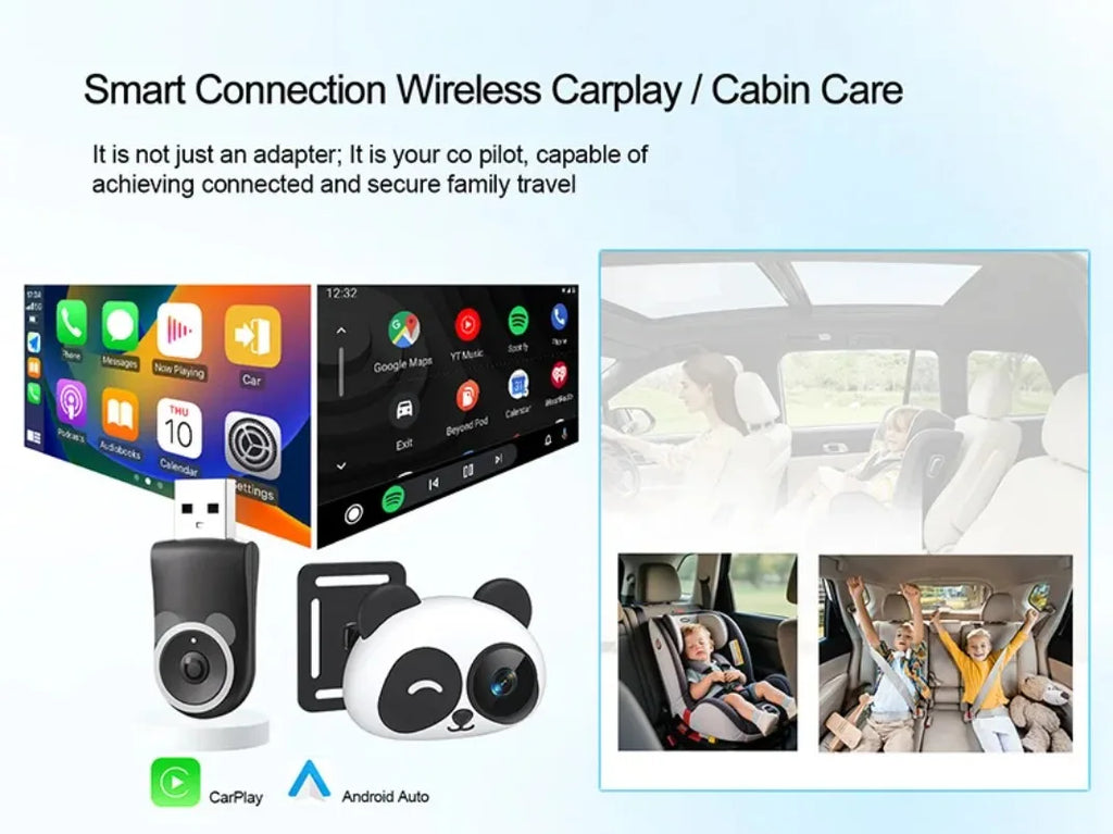 Adaptador Inalámbrico CarPlay Cabin Care, Cámara para Auto HD 1080P para Bebés, 150 °   Monitor de visión nocturna gran angular con pantalla dividida para el asiento trasero
