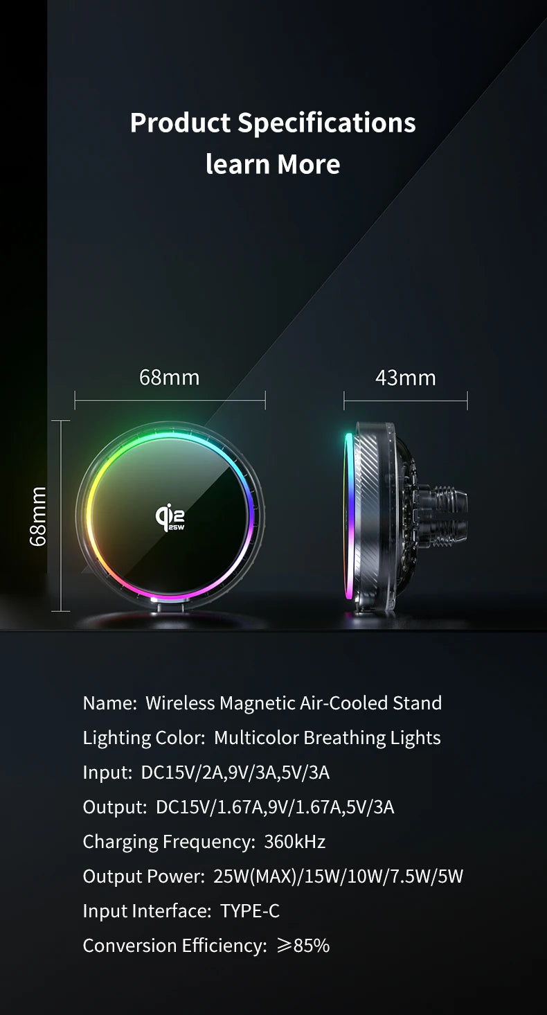Soporte Magnético para Teléfono con Cargador Inalámbrico Qi2 de 25W, Refrigeración por Aire y Luz RGB, para iPhone Magsafe 17~12 Pro Max, Base de Carga Rápida
