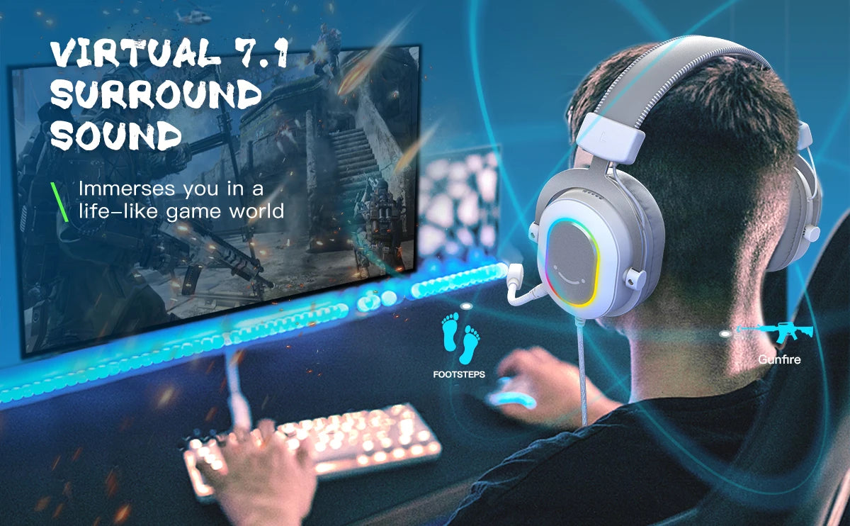 FIFINE RGB Auriculares para juegos con sonido envolvente 7,1/3-EQ/MIC, auriculares supraaurales con control en línea para PC PS4 PS5 Ampligame-H6W