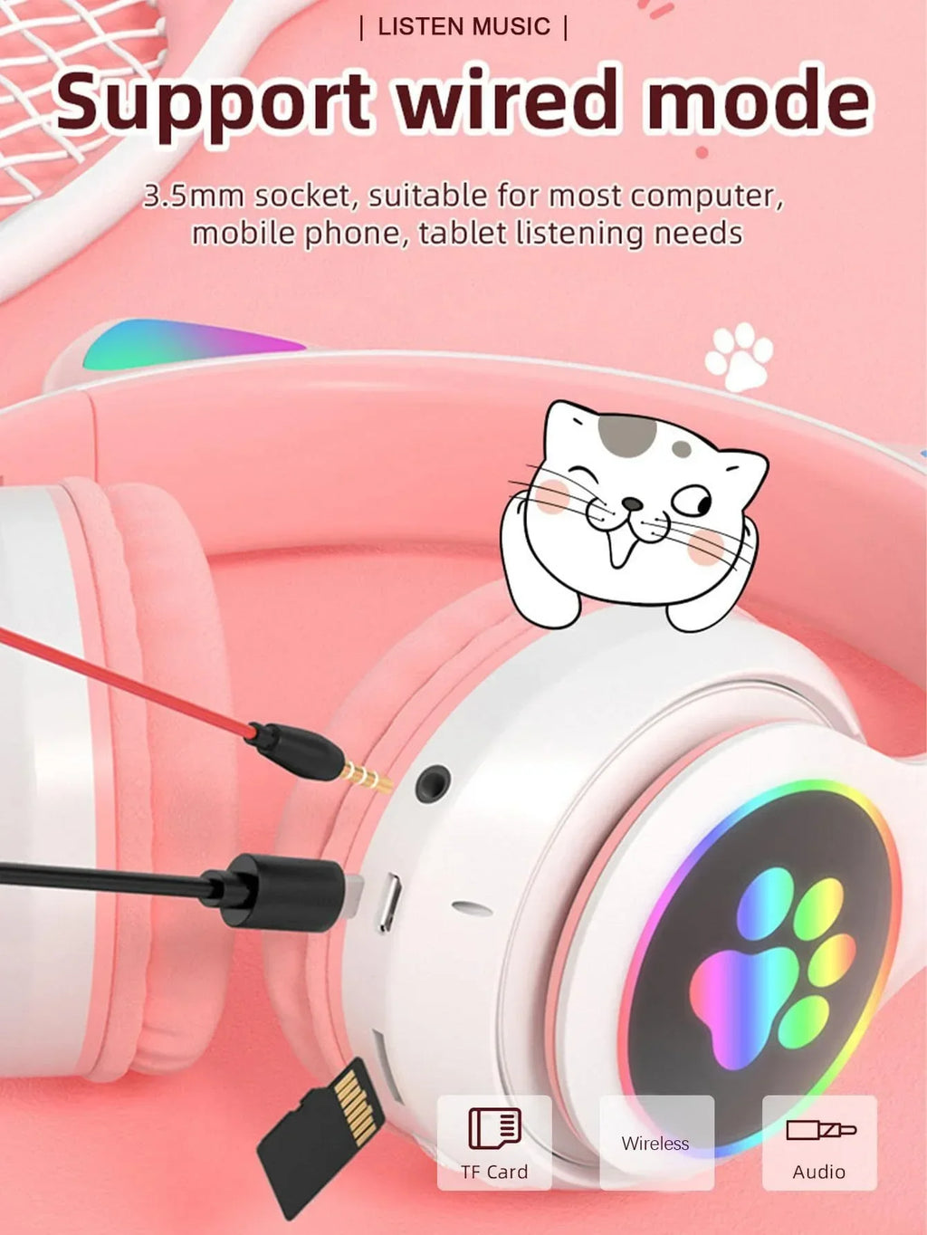 Auriculares Inalámbricos Gamer con Orejas de Gato RGB y Micrófono