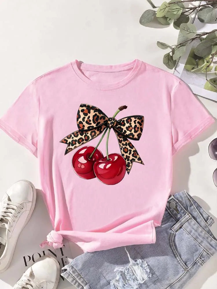 Camiseta con Estampado de Cereza para Mujer, Manga Corta