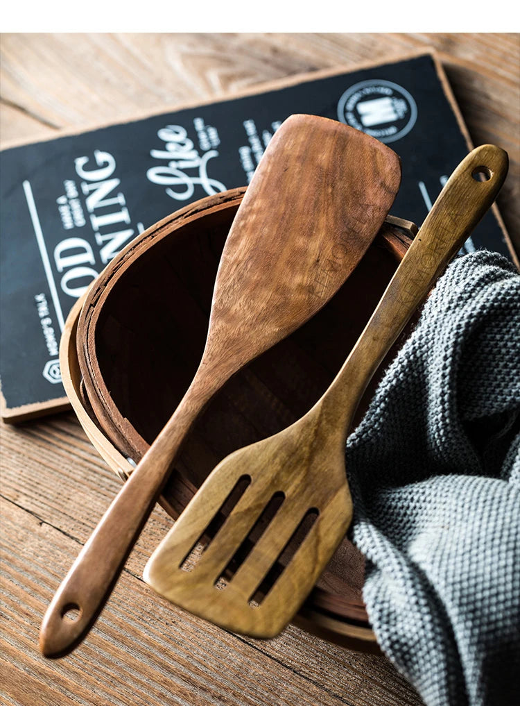 9 cucharas de madera para cocinar, utensilios de madera para cocinar con soporte para utensilios, juego de utensilios de cocina de madera de teca