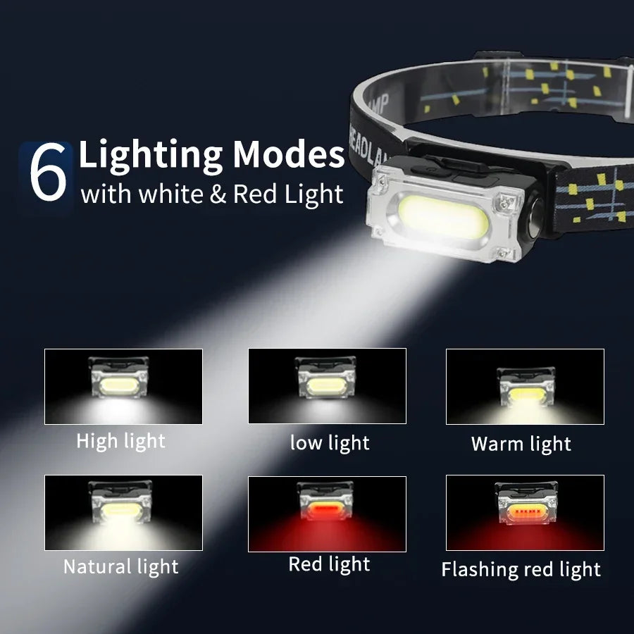 Linterna Frontal LED COB Recargable USB para Camping y Pesca