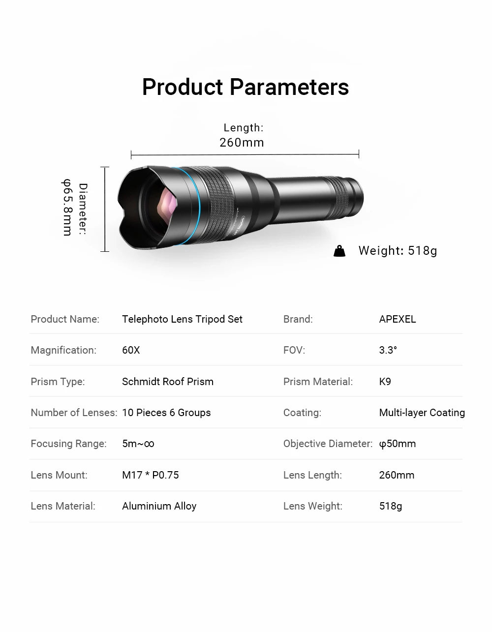 Lente Telefoto Zoom 60X APEXEL HD Metálico para Smartphones