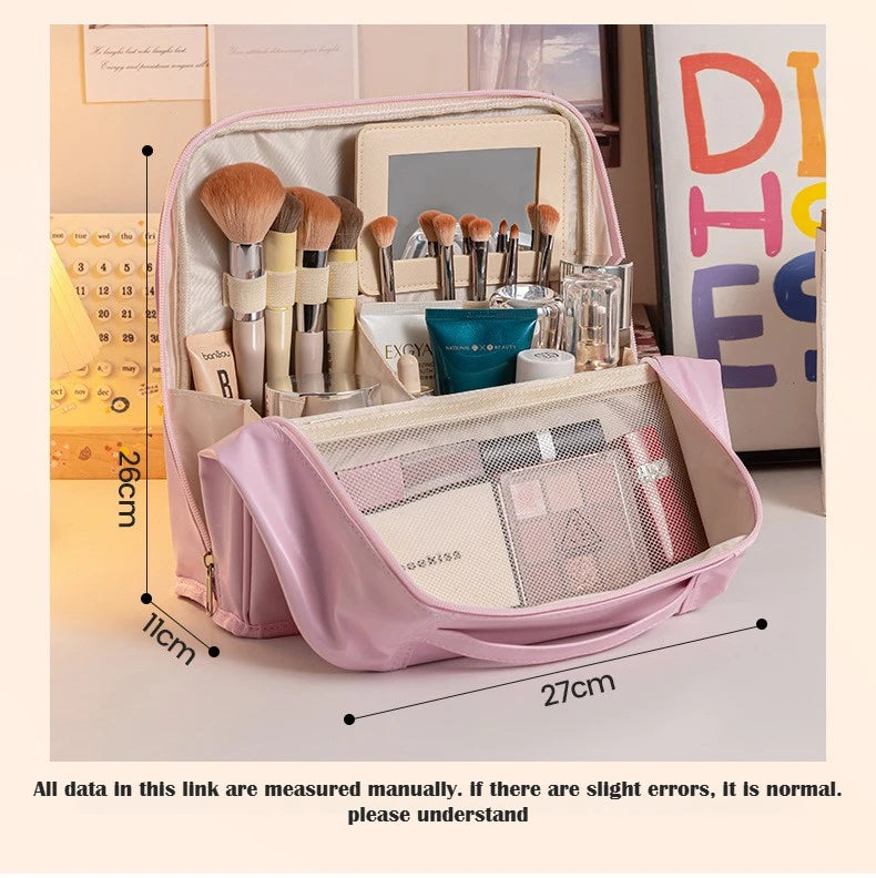 Bolsa de Maquillaje de Viaje para Mujer, Gran Capacidad, Impermeable, Organizador de Cosméticos con Abertura Amplia, Soporte para Brochas Independiente, Fácil Acceso