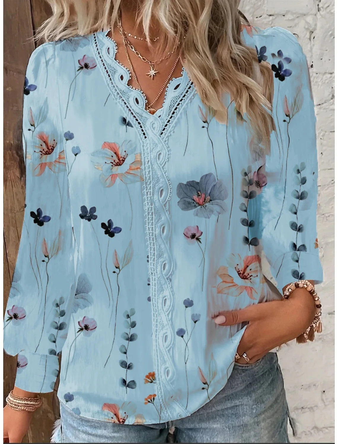 Camisa de Manga Larga con Volantes y Estampado para Mujer