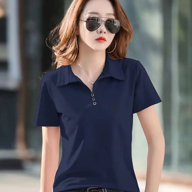 Camiseta Polo Femenina Estilo Coreano de Primavera