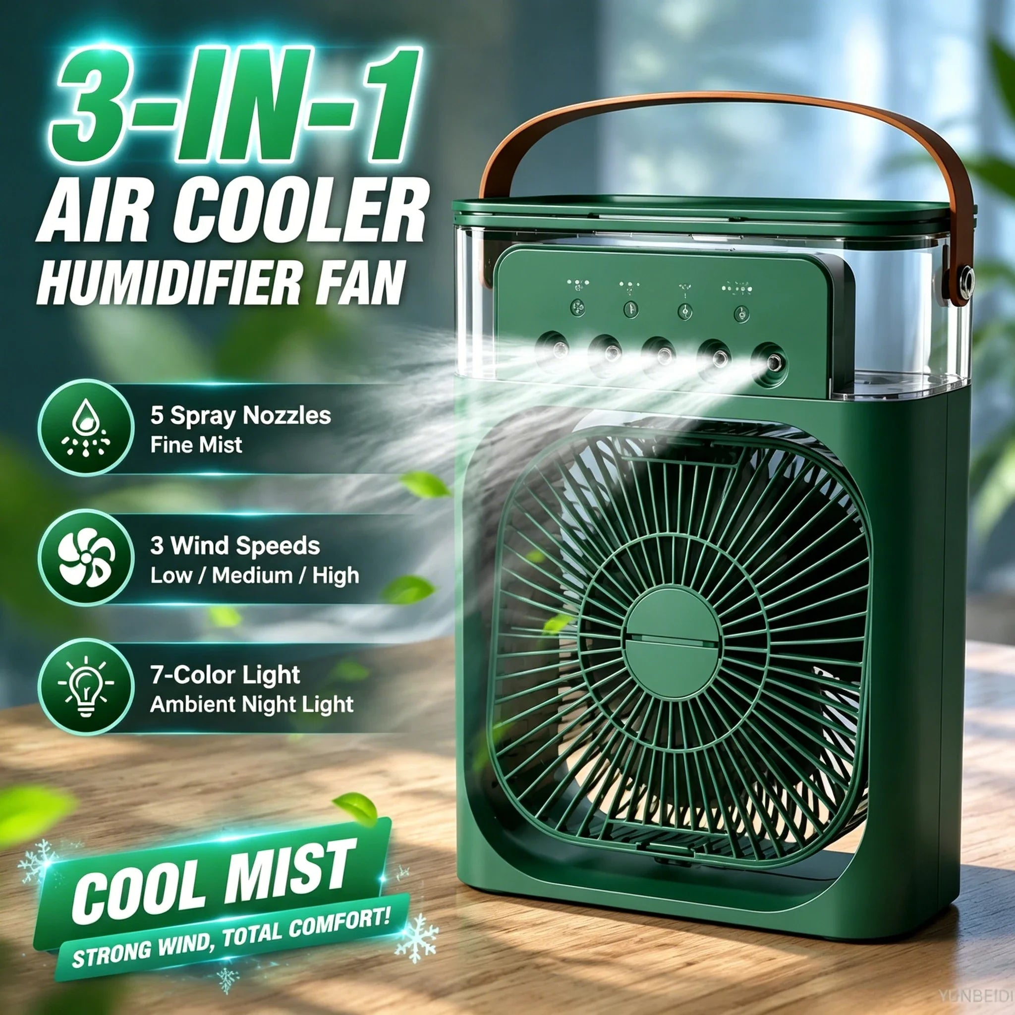 Ventilador 3 en 1 Portátil con Luz LED y Humidificador