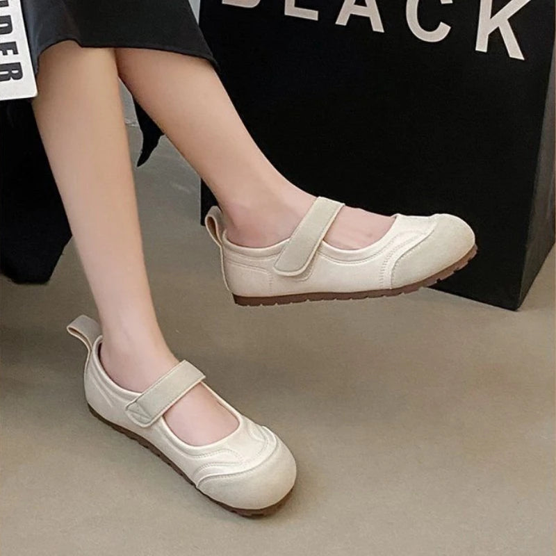 Zapatos Planos Retro Mary Jane para Mujer, Estilo Francés Chic, con Diseño Empalmado, Casuales, Minimalistas, con Velcro, Suela Suave, Punta Redonda, Calzado Cómodo de Verano