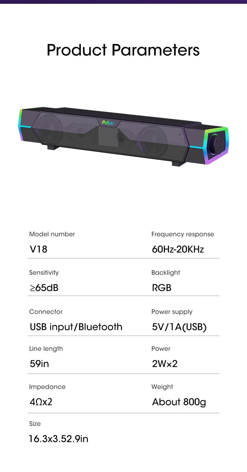 Barra de Sonido Bluetooth 5.0 para PC con Subwoofer y Luces RGB