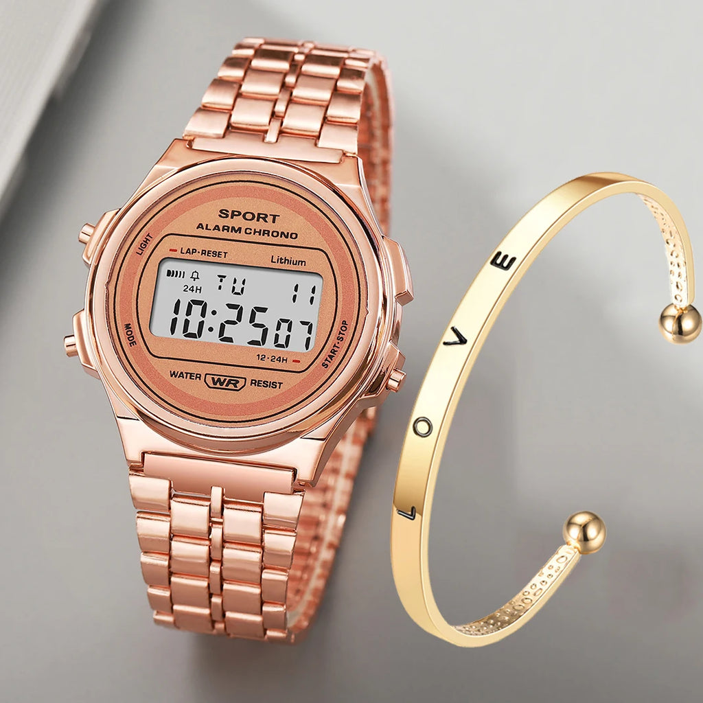 Reloj electrónico LED informal para mujer, correa Retro de acero inoxidable, reloj Digital LED para mujer, reloj de pulsera deportivo multifunción