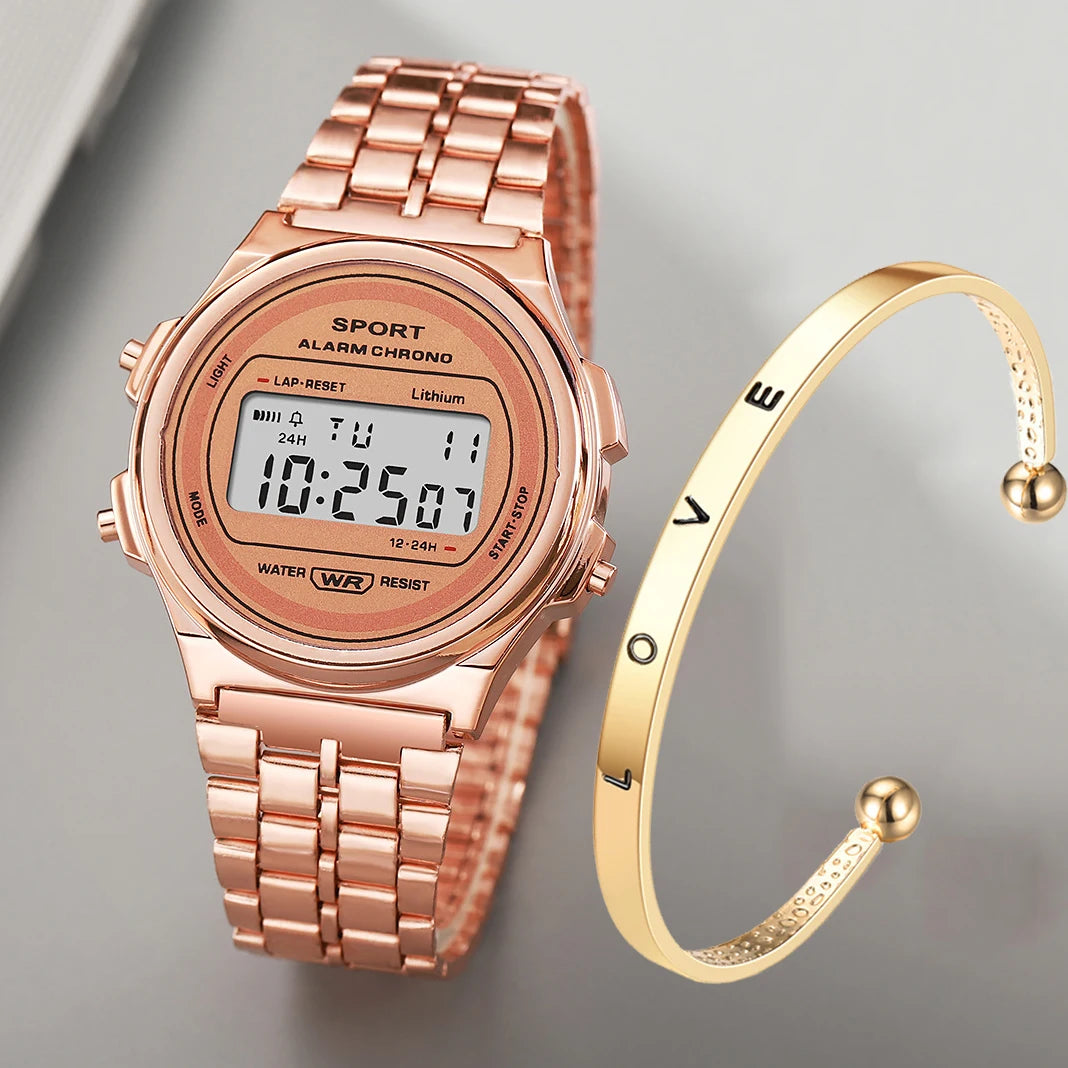 Reloj electrónico LED informal para mujer, correa Retro de acero inoxidable, reloj Digital LED para mujer, reloj de pulsera deportivo multifunción