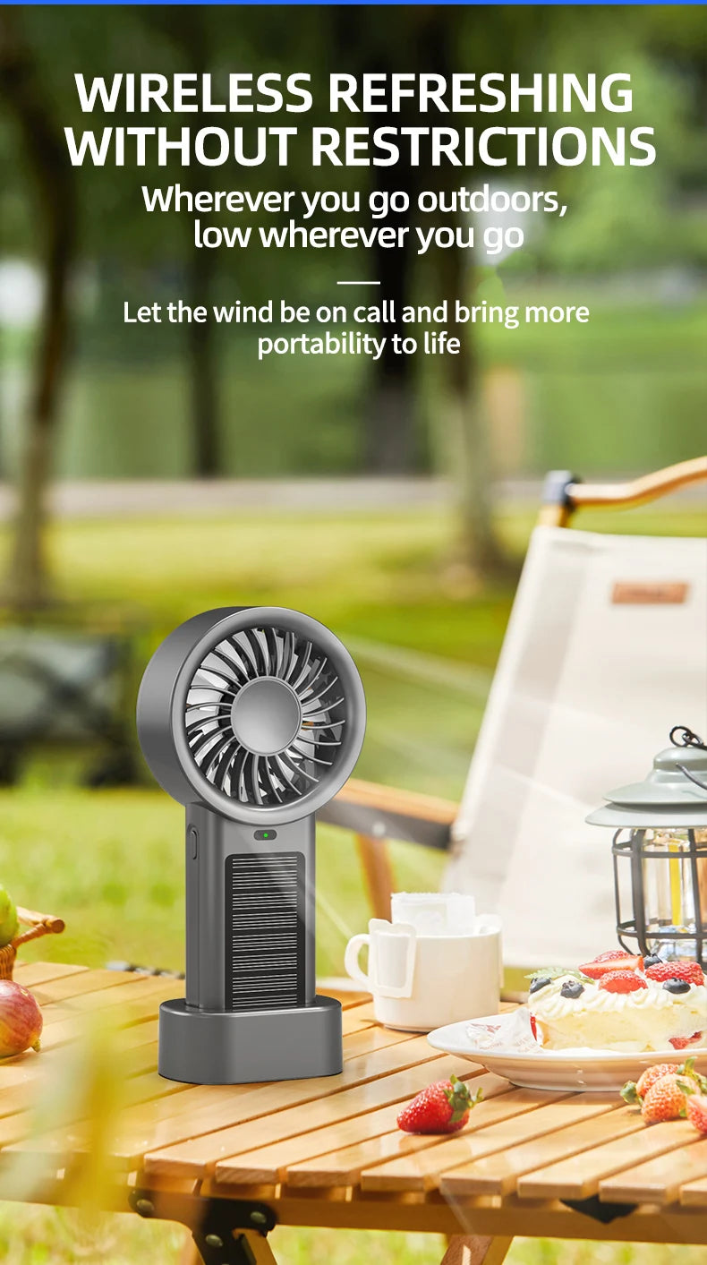 Ventilador solar portátil 5 velocidades, recargable USB para camping