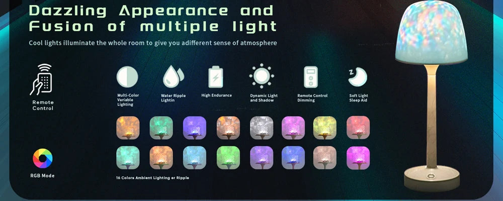 Lámpara de proyección Lámpara de mesa ondulada de agua de pie alto Proyector LED Aurora con control remoto Regalo romántico e interesante para interiores