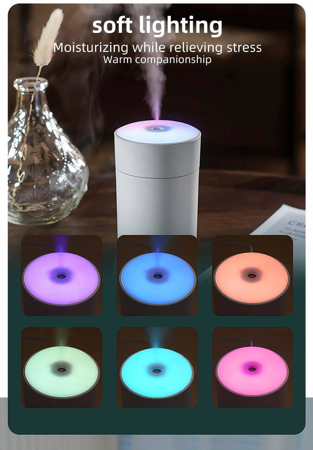 Humidificador ultrasónico USB 200ml con luz LED y difusor de aromas para auto y hogar