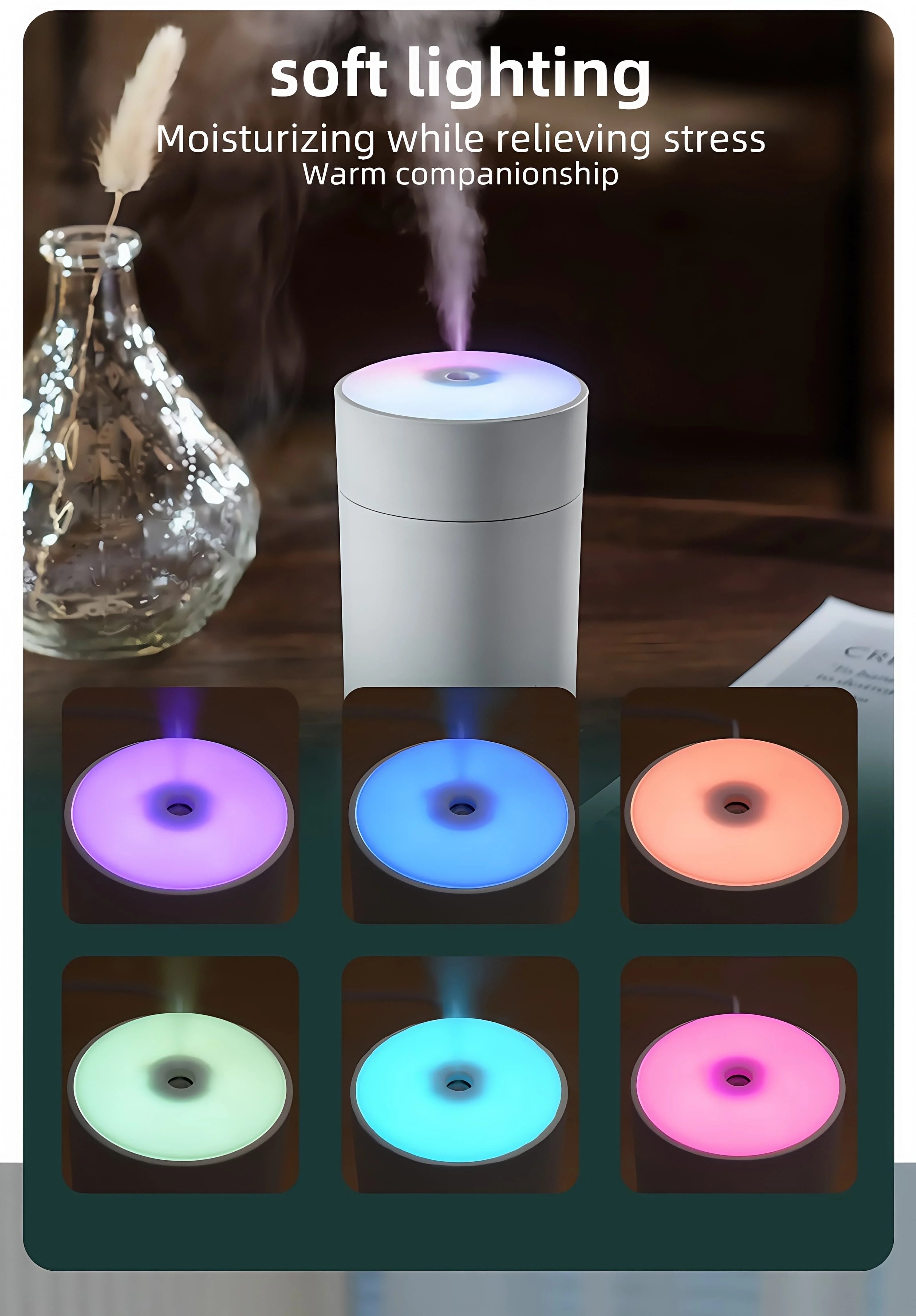 Humidificador ultrasónico USB 200ml con luz LED y difusor de aromas para auto y hogar