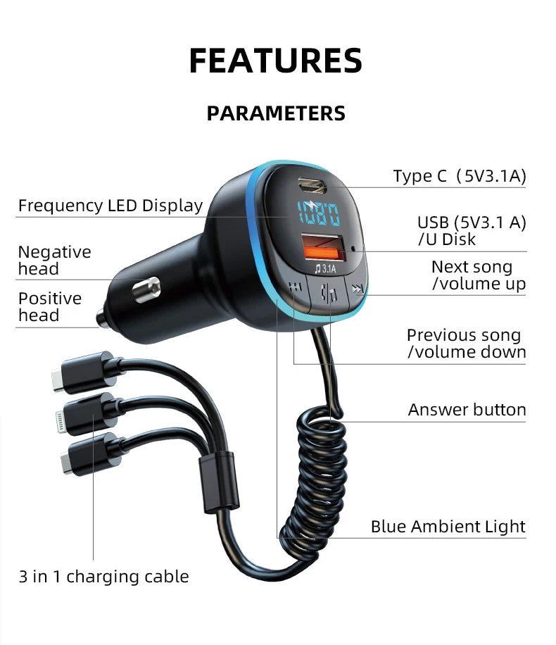 Transmisor FM Bluetooth para Auto con Cargador Dual y Cable 3 en 1