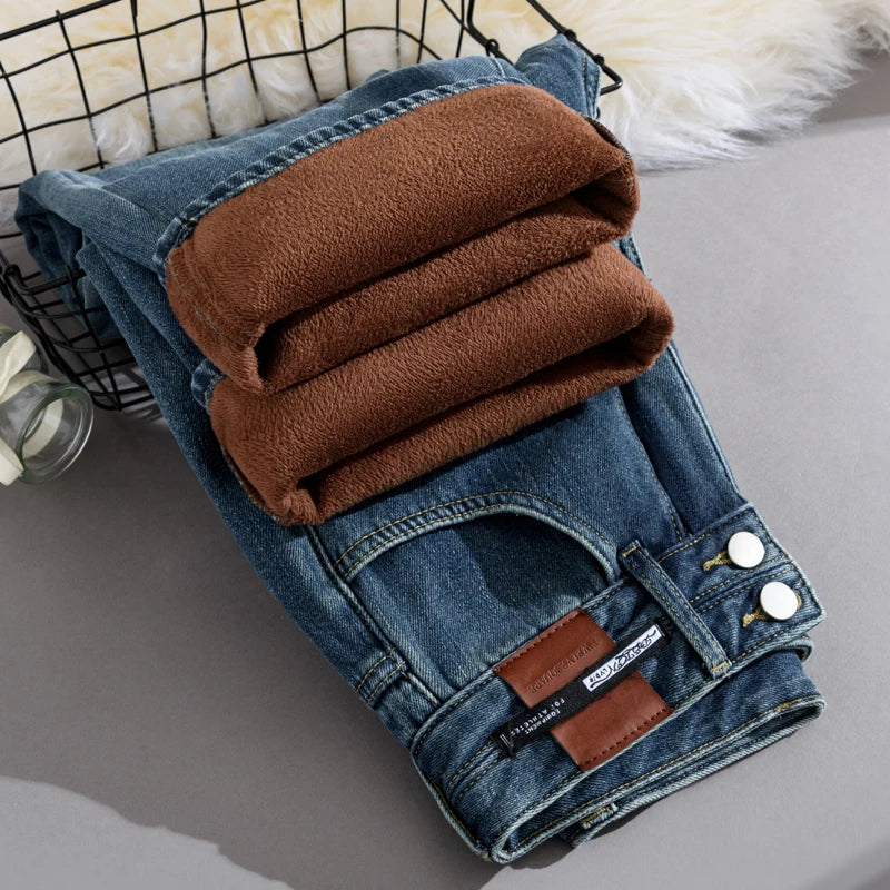 Pantalones Vaqueros de Pierna Ancha con Forro Polar para Mujer, Cintura Alta