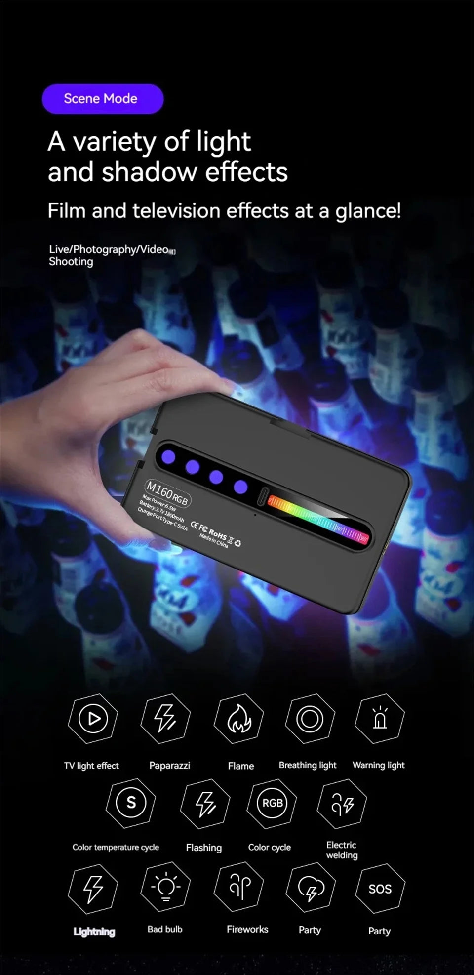 Luz LED RGB para cámara, Kit de luz de vídeo con salida a todo Color, regulable, 2700K-6500K, Panel de luz bicolor CRI 95+, recargable, 1800mAh