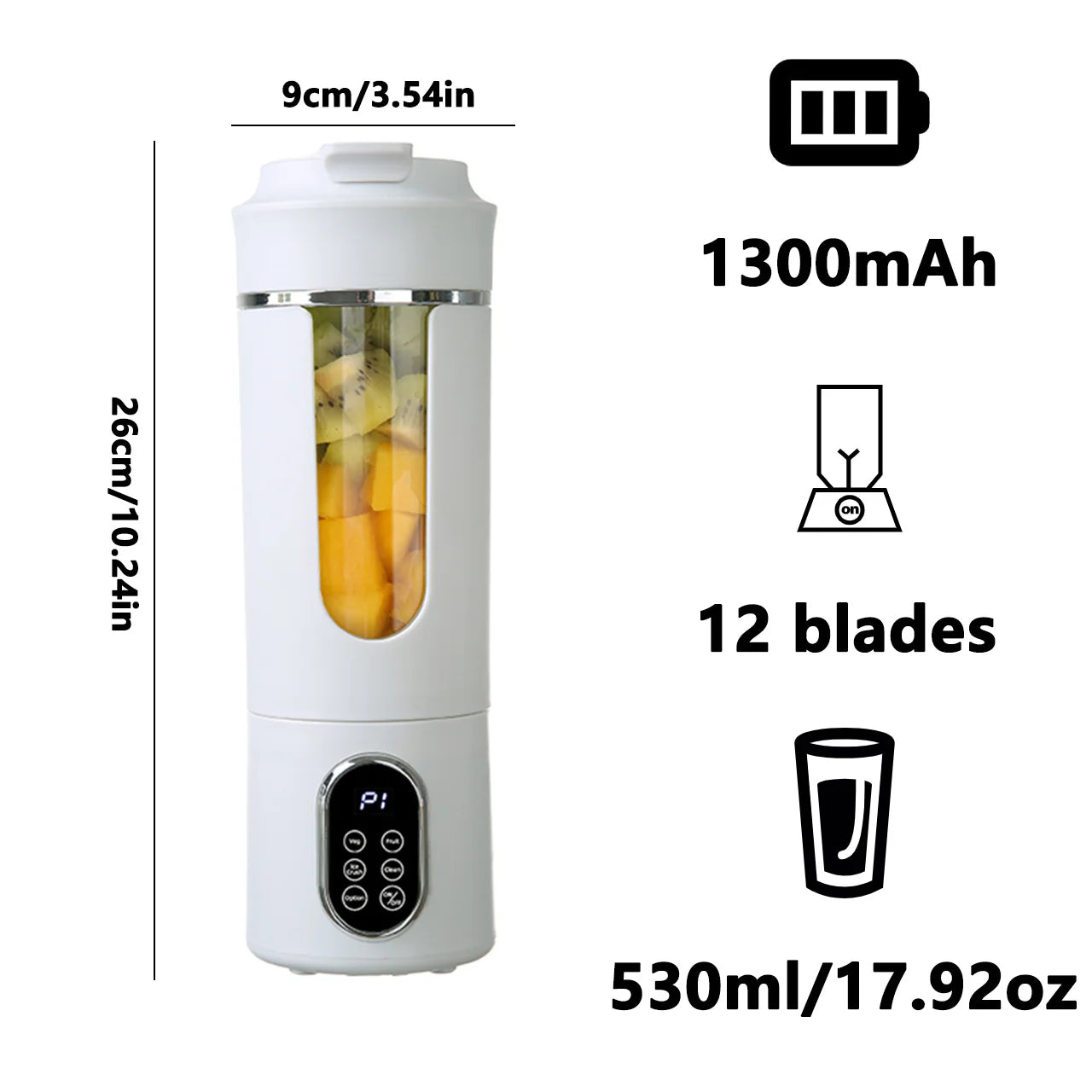 Exprimidor Portátil USB 530ml con 12 Cuchillas Picador de Hielo