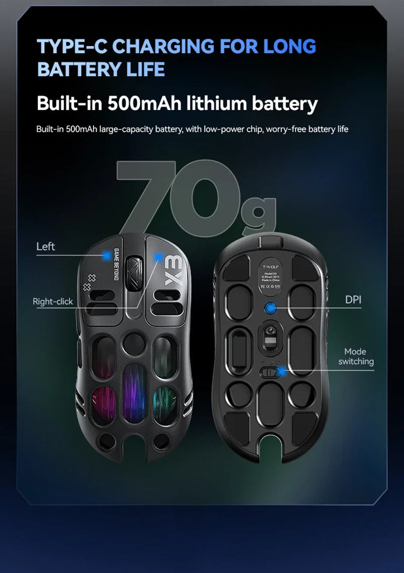 Mouse Gamer Lenovo X3 Triple Modo, RGB, Bluetooth, USB-C, Recargable