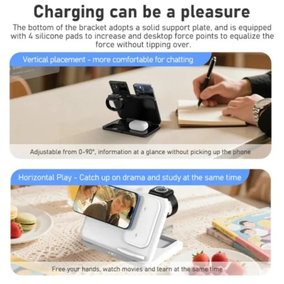 Cargador Inalámbrico 4 en 1 para Dos Teléfonos, Compatible con iPhone 17~12, Samsung S25, Xiaomi, Airpods Pro, Apple Watch 11~2, Carga Rápida Magnética