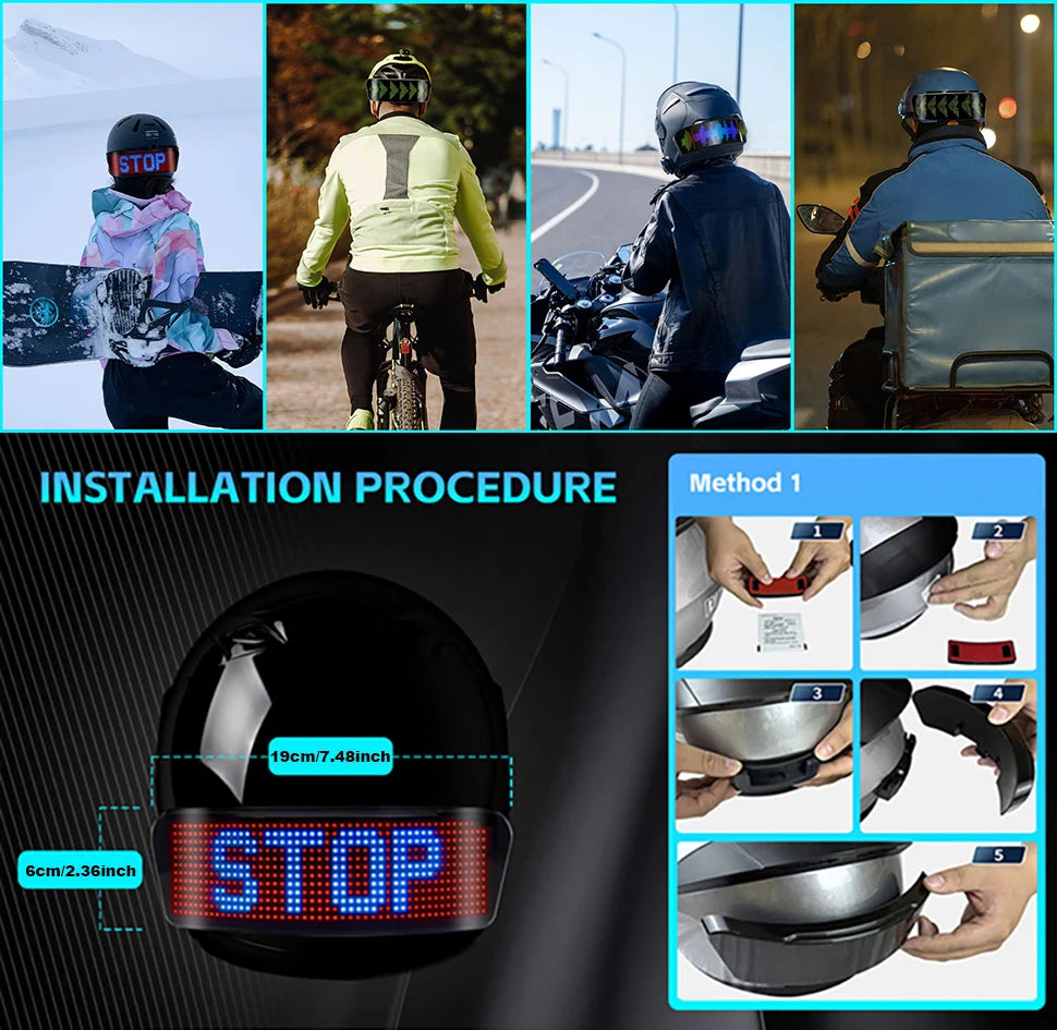 Pantalla LED para Casco, Luces Intermitentes para Casco de Motocicleta, Control por Aplicación, Luz Trasera de Advertencia LED para Casco de Motocicleta