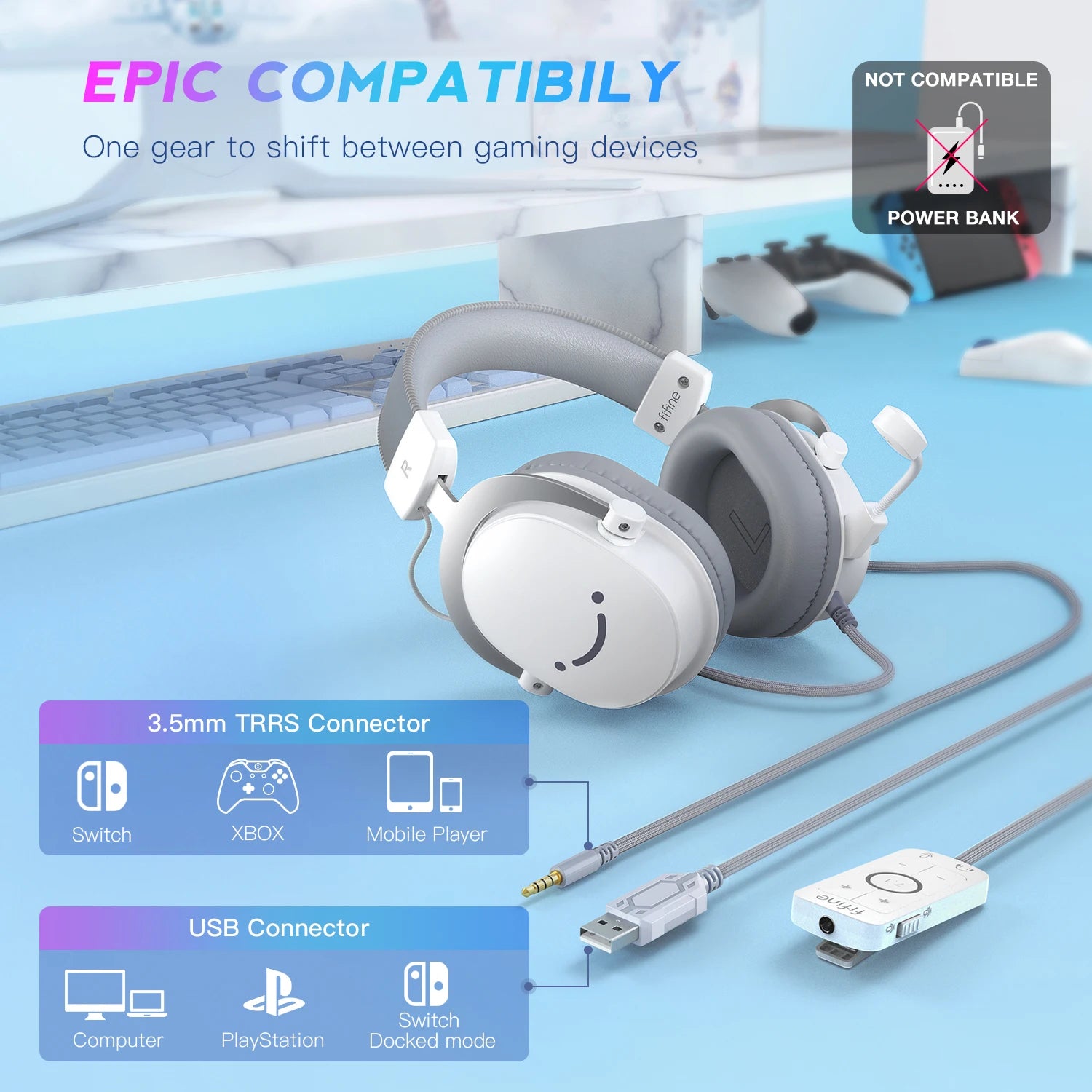 FIFINE-auriculares para juegos USB con sonido envolvente 7,1/conector de 3,5mm/micrófono, auriculares con cable sobre la oreja para PC PS4/5 Xbox Ampligame H9W