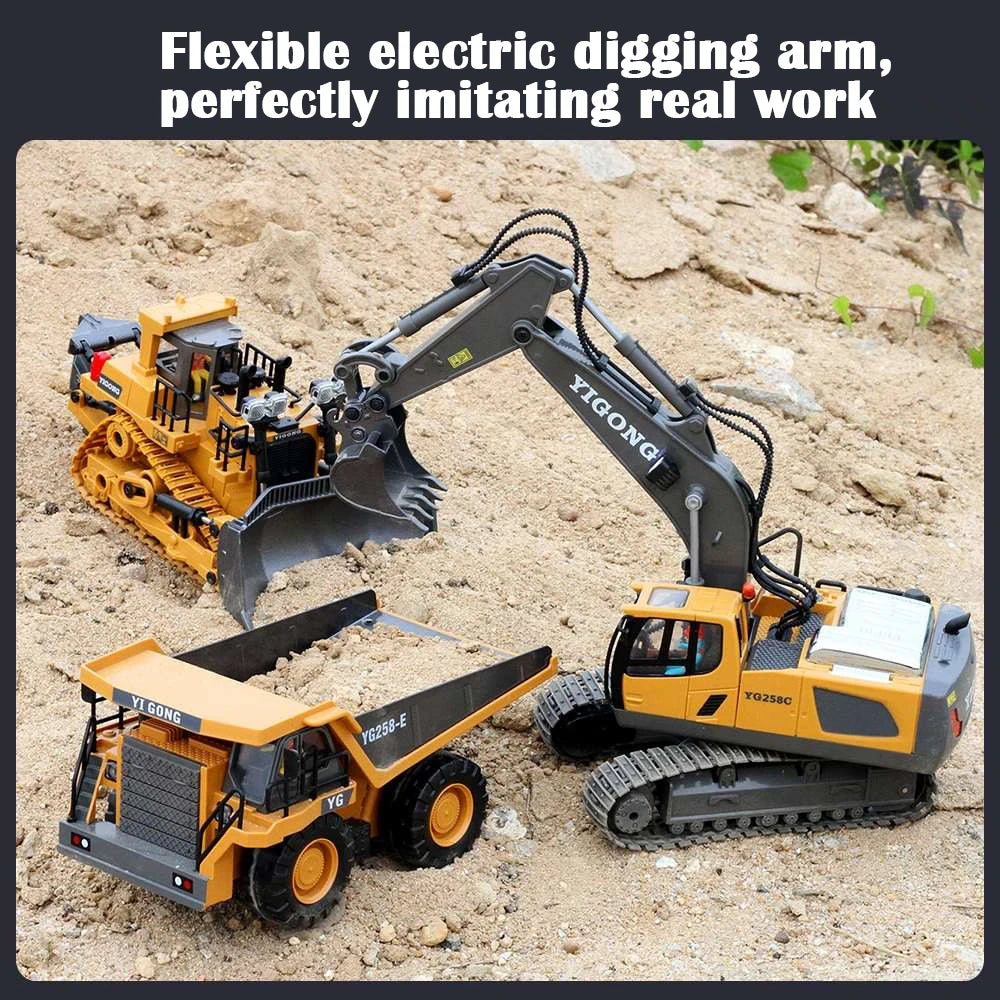 Excavadora RC 1:20 con Volcador y Bulldozer, Luz y Música