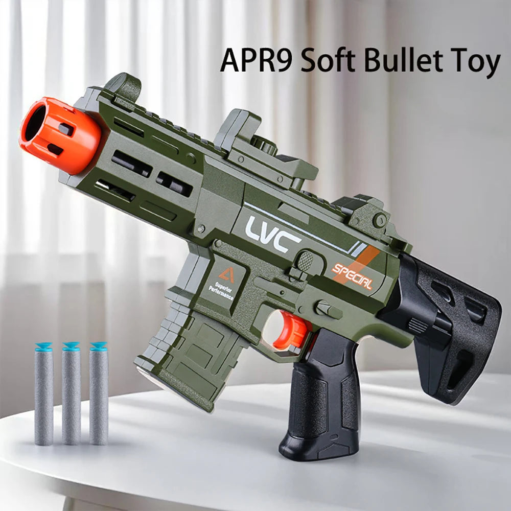 Pistola de juguete APR9 de balas suaves para niños, bláster de dardos de espuma de carga manual, juego de disparos seguro, diversión al aire libre para niños, regalo para niños
