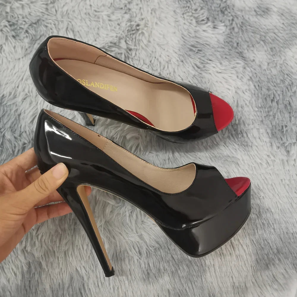 Zapatos de Tacón Aguja con Plataforma Peep Toe 14cm - Charol