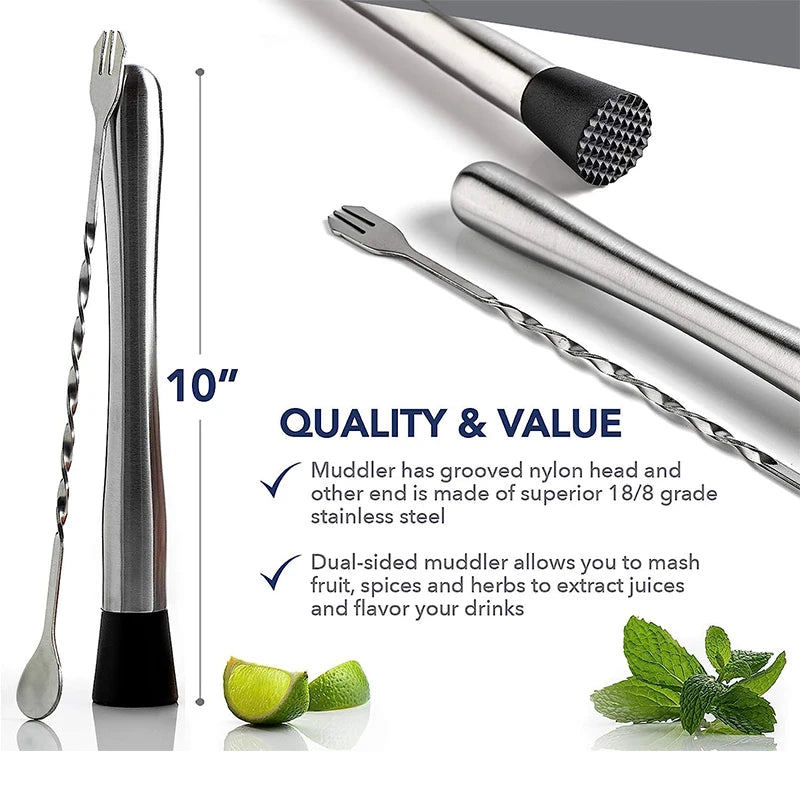 LMETJMA Muddler de cóctel de acero inoxidable de 10 pulgadas y cuchara mezcladora, juego profesional de puddler de cóctel para Bar para mojitos JT201