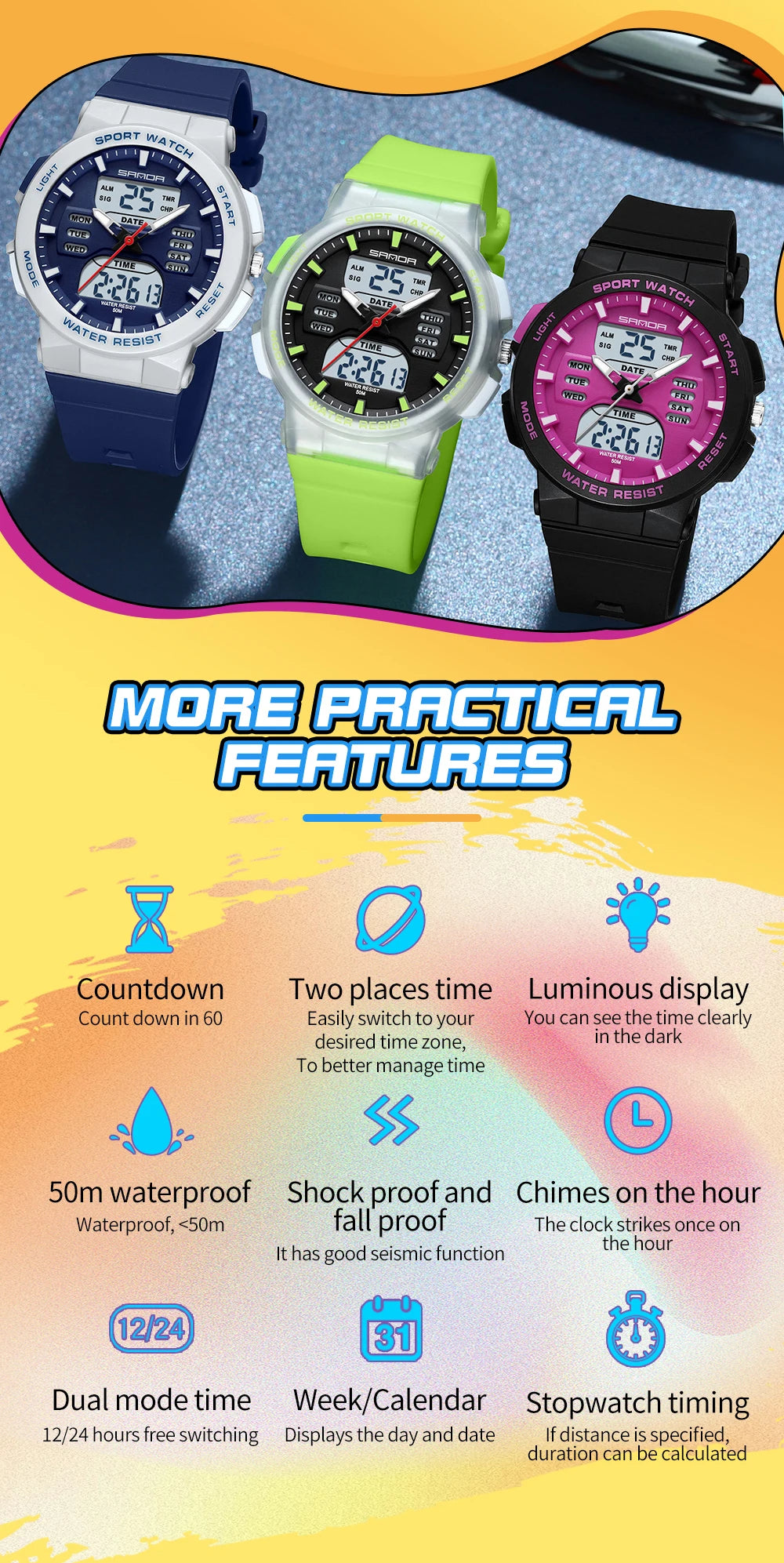 Reloj Digital LED SANDA 6185 para Mujer Pantalla Dual Resistente al Agua