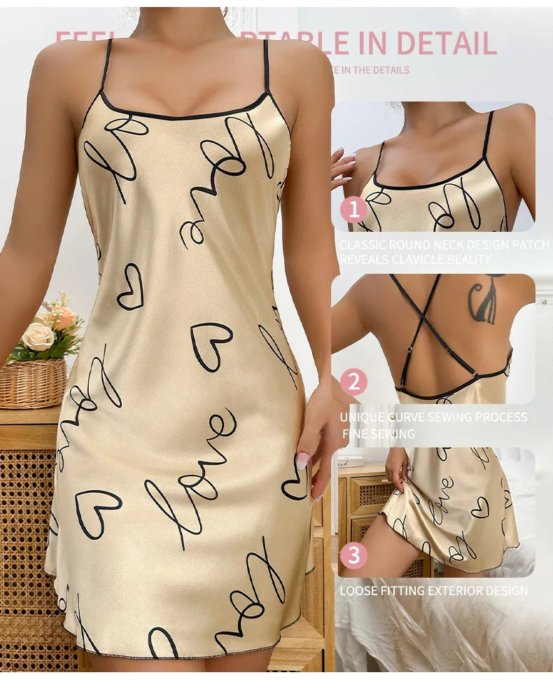 Camisón con estampado de corazón Vestido de dormir elegante con cuello redondo y espalda cruzada Ropa de dormir para mujer