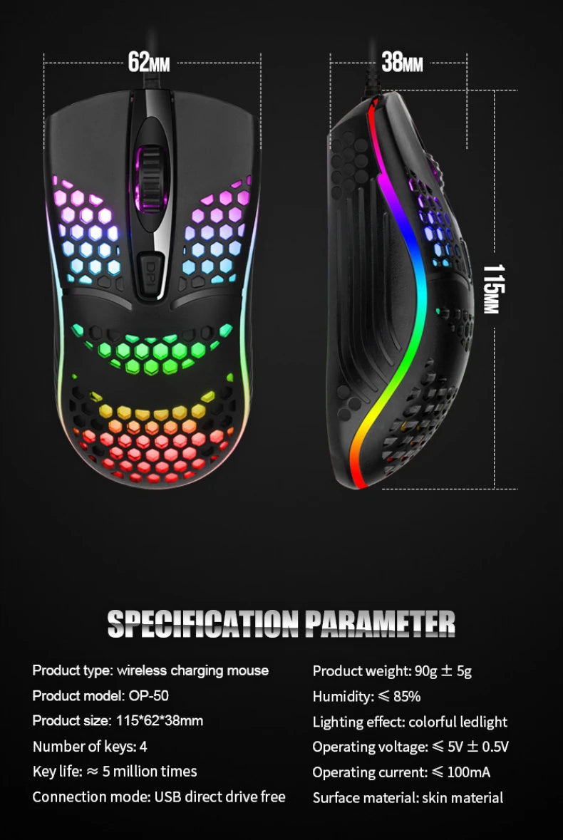 Ratón óptico con luz LED para juegos, Mouse ahuecado para ordenador portátil, escritorio, 4D, uso doméstico y oficina, 7 luces LED de respiración