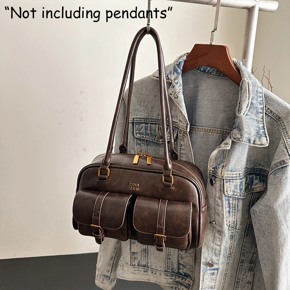 Bolso de Hombro de Cuero PU de Color Sólido Retro para Mujer con Múltiples Bolsillos, Gran Capacidad, Bolso de Mano Elegante y Moderno