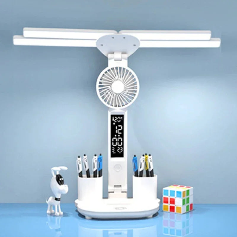 Lámpara de Mesa LED Multifunción con Ventilador, Reloj y Carga USB