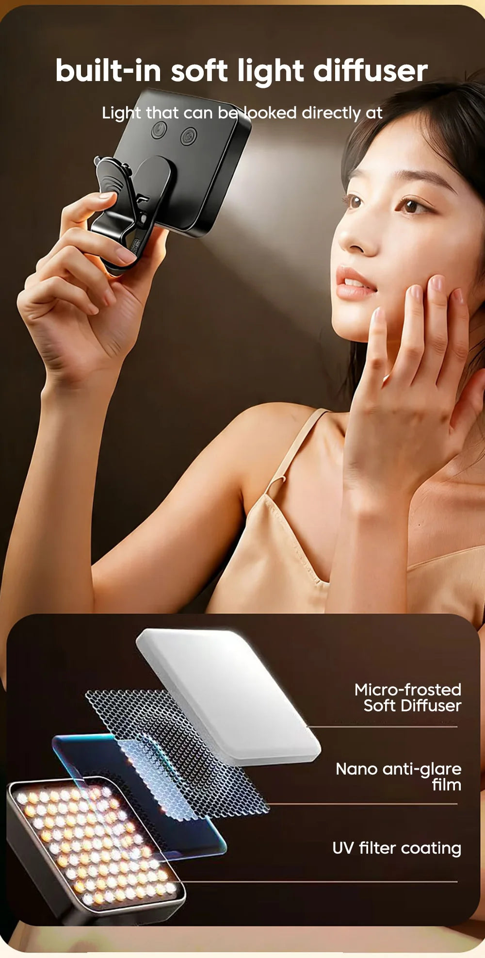 Mini Lámpara LED Portátil con Clip para Selfies, Recargable, 3 Modos, Brillo Ajustable, Apta para Teléfonos Móviles y Computadoras