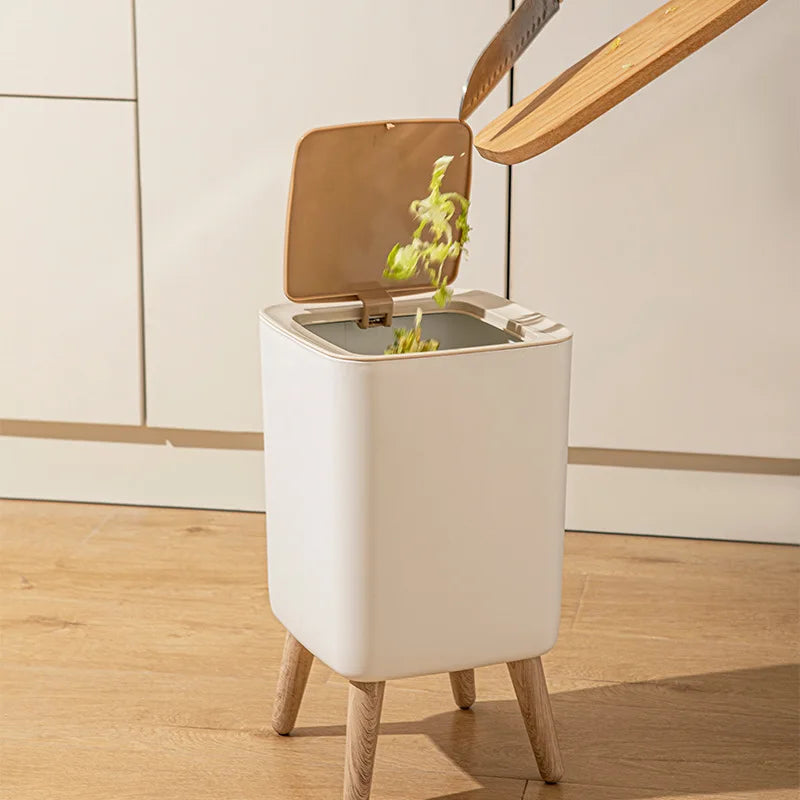Cubo de basura tipo presión con imitación de madera para dormitorio, baño y sala