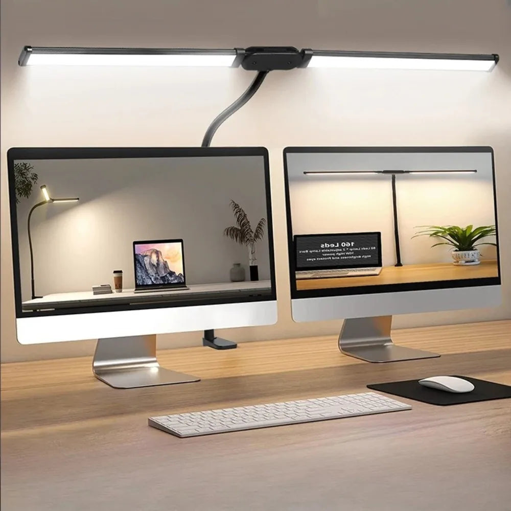 Lámpara de escritorio de doble cabezal LED con clip 3 modos de brillo adaptador USB ajustable adecuado para leer estudiar monitores de piano Oficina