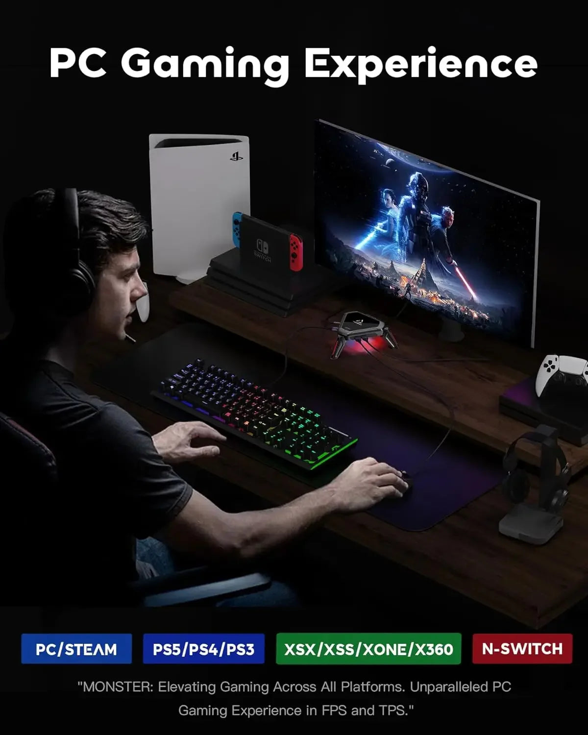 Adaptador de Teclado y Ratón AIMZENIX AX600 MONSTER para PS5/PS4/Xbox Series X | S/Xbox One/Switch - Compatible con auriculares de 3.5mm y dispositivos móviles