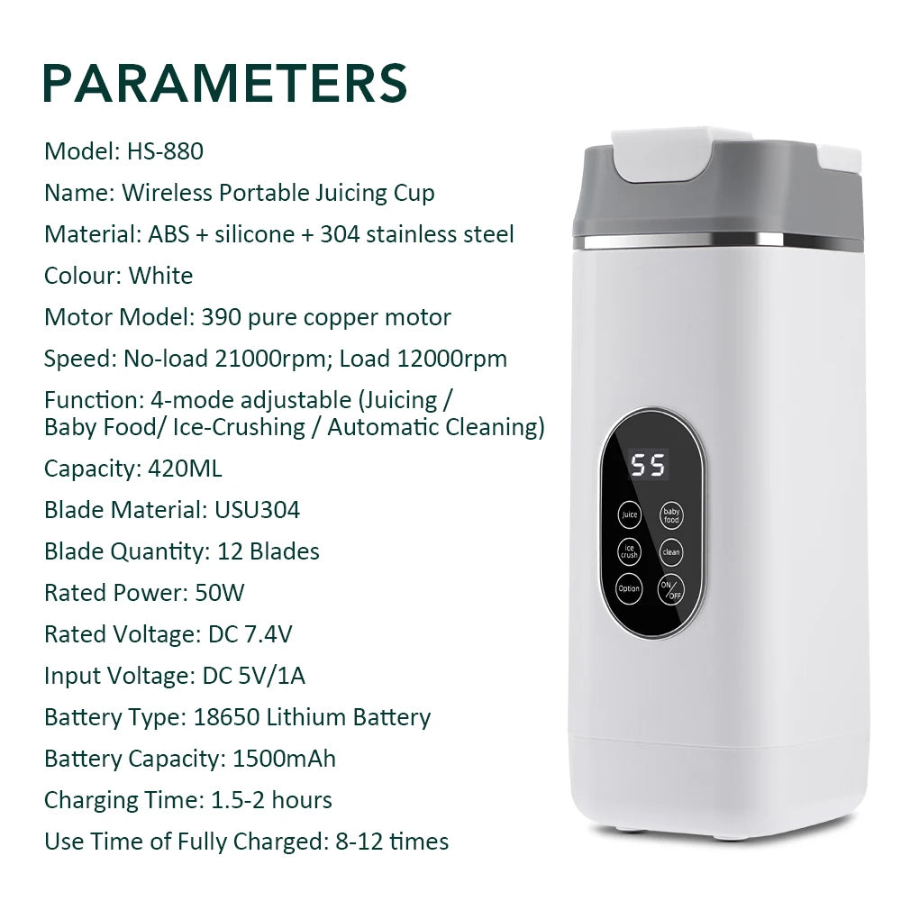 Exprimidor Portátil USB con 6 Cuchillas y 2 Vasos para Viaje