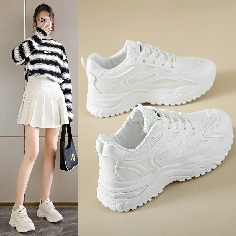 Zapatillas blancas para mujer, nuevas de cuero 2023, zapatillas gruesas, zapatos deportivos para mujer, zapatos vulcanizados de tenis gruesos, zapatos de plataforma de cesta