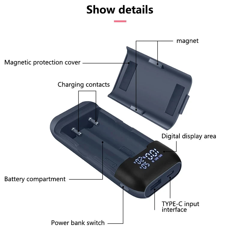 Caja Cargadora Power Bank 18650/21700, Carga Rápida QC3.0 18W