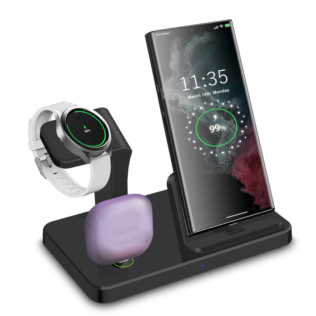 Base de Carga Inalámbrica 3 en 1 de 15W para Samsung S26 S25 S24 Galaxy Watch 8/7/6/5/4 Buds Pro4/3 con Puerto Tipo C, Estación de Carga Rápida