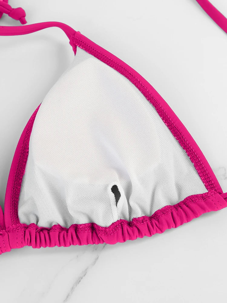 Conjunto de Bikini de 2 Piezas para Mujer, Traje de Baño Sexy de Color Rojo Rosa, con Tirantes Cruzados en la Espalda