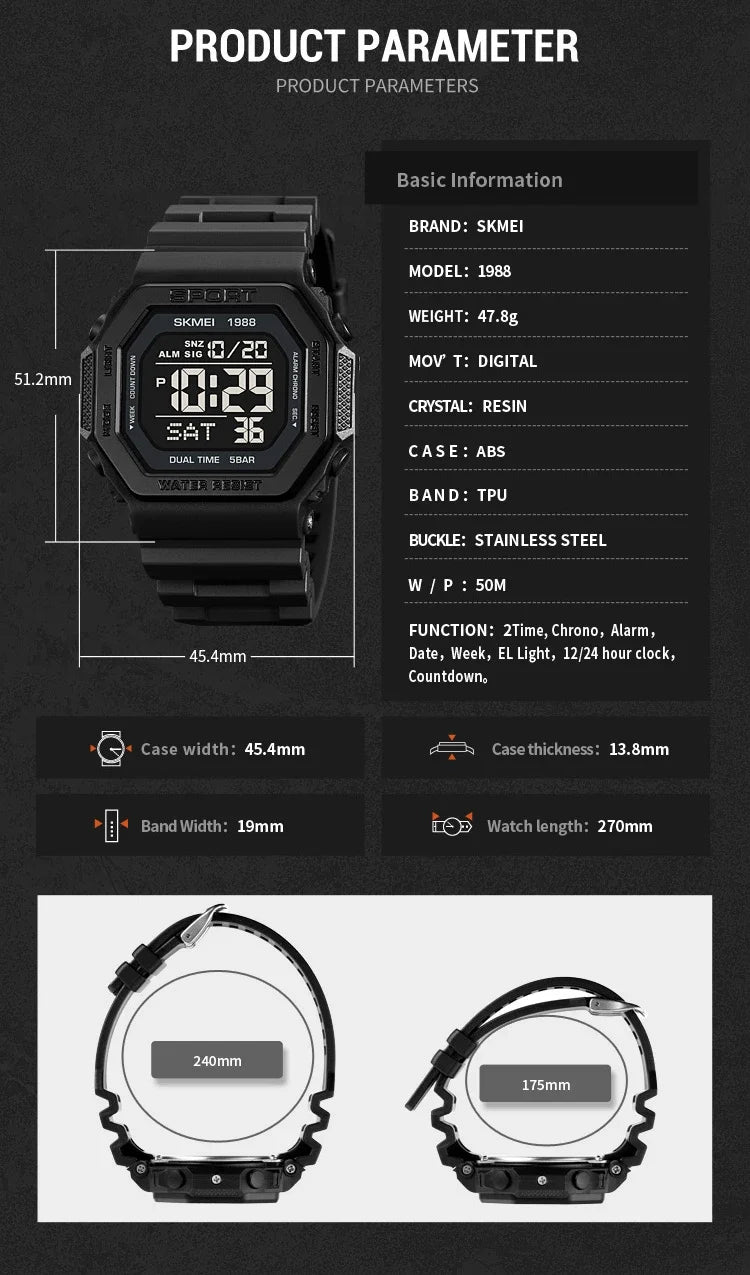 Reloj deportivo Digital SKMEI 1988 para Hombre, pantalla LED, relojes de pulsera militares con cuenta atrás, Reloj impermeable para Hombre 1628